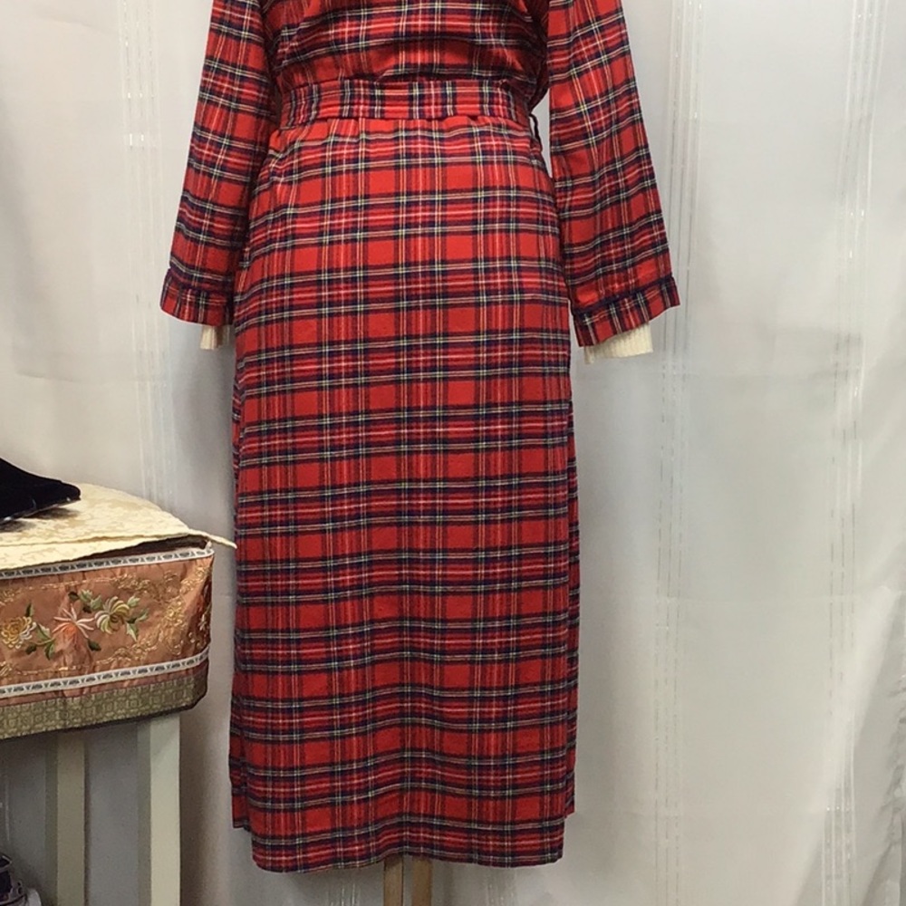 Vintage Red Plaid Tartan Blue Piping Self Tie Belt Front Pocket Flannel Maxi - Picture 4 of 15